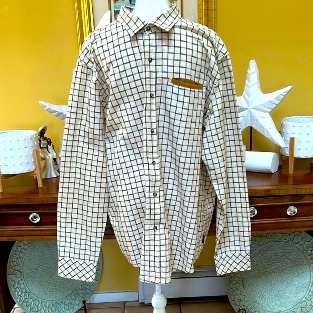 Vtg Brown & White Plaid Logo Sean John Mens Size 3XL Long Sleeve Button Up Shirt